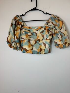 Abercrombie Puff Sleeve Crop Top Abstract Print Smocked Back S NWT
